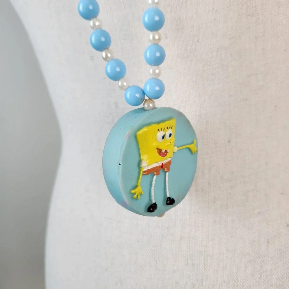 Vintage Y2k SpongeBob Square Pants Yellow Blue White‎ Mardi Gras Beads Necklace